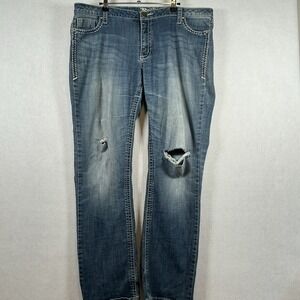 Wrangler Rock 47 Womens Denim Blue Jeans Ultra Low Rise Sz 41x31 Holes Distresse